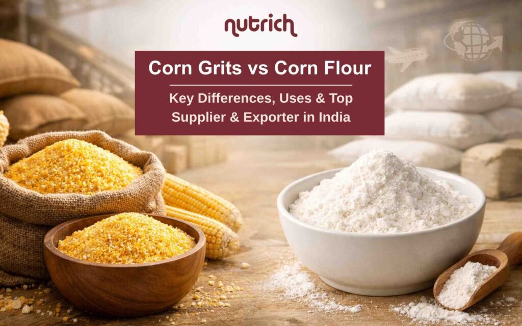 Compare corn grits vs corn flour—differences, uses, and industrial benefits. Source from a trusted supplier & exporter in India for bulk, export-quality supply.